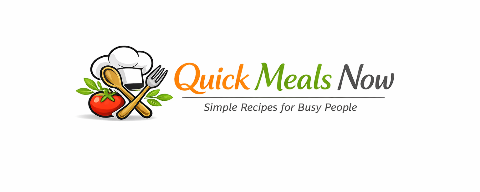 Quick Meals Now logo with chef hat, spoon and fork, tomato illustration for easy and quick recipes blog